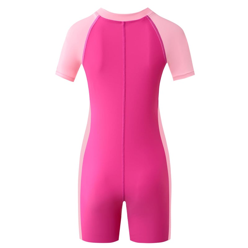 karrack Girls and Boys One Piece Rash Guard Swimsuit Kid Water Sport Short Swimsuit UPF 50+ Sun Protection Bathing Suits Pink (Size 3-5Years) - Image 2
